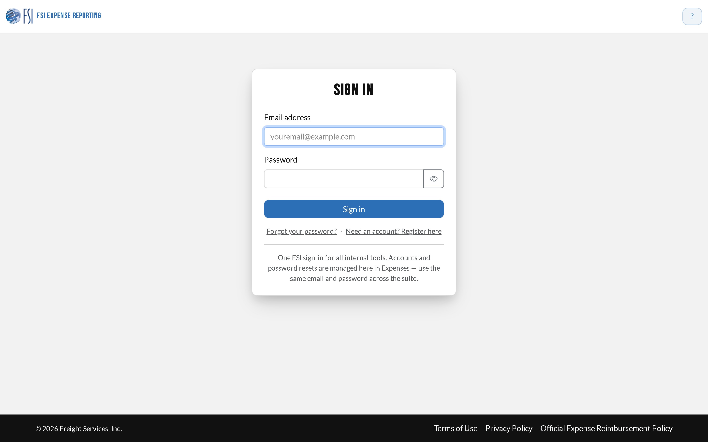 The sign-in screen. Use “Forgot your password?” to start a reset, or “Register here” if you do not yet have an account.